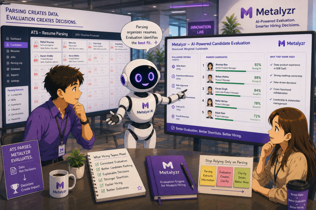 Metalyzr AI helping recruiters evaluate and rank candidates in a modern office, showing the difference between resume parsing and AI-powered candidate evaluation