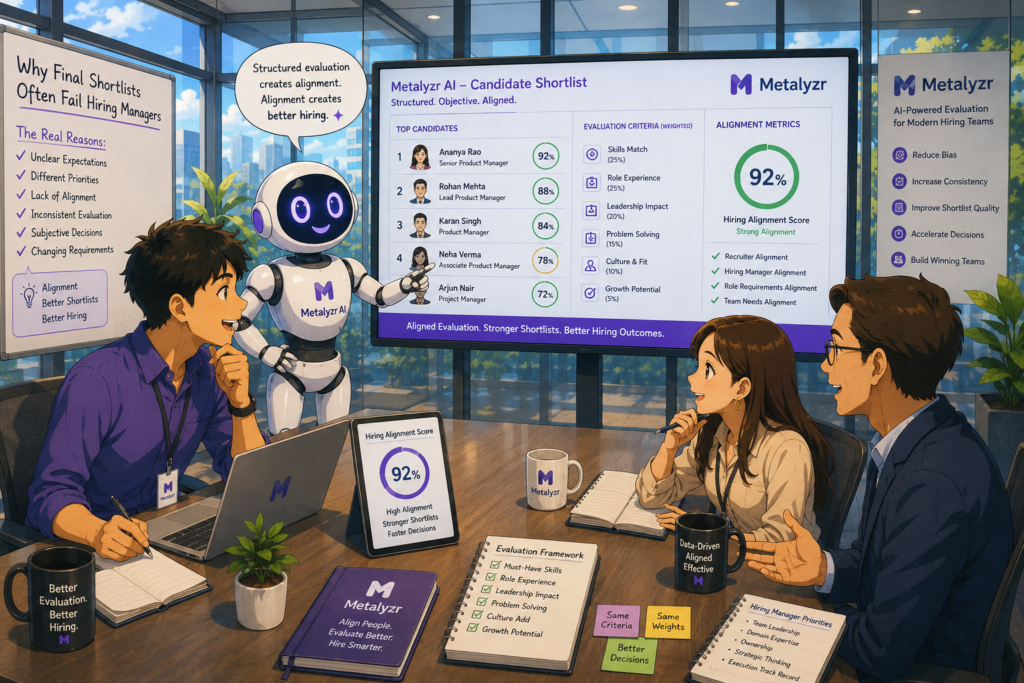 Metalyzr AI helping recruiters and hiring managers align on candidate evaluation criteria in a modern meeting room