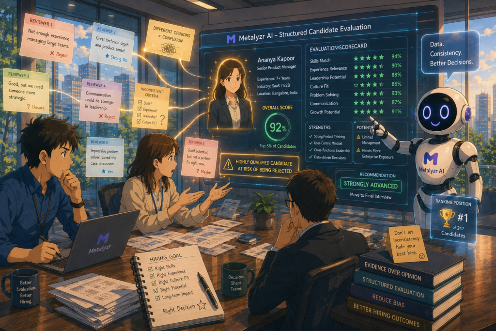 Metalyzr AI helping recruiters evaluate candidates using structured scoring to avoid rejecting qualified applicants.