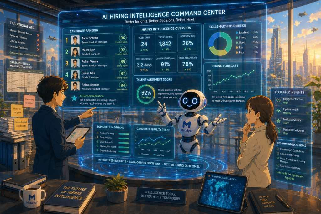 Metalyzr AI Robo helping recruiters use AI hiring intelligence dashboards and candidate ranking insights inside a futuristic recruiting operations center.